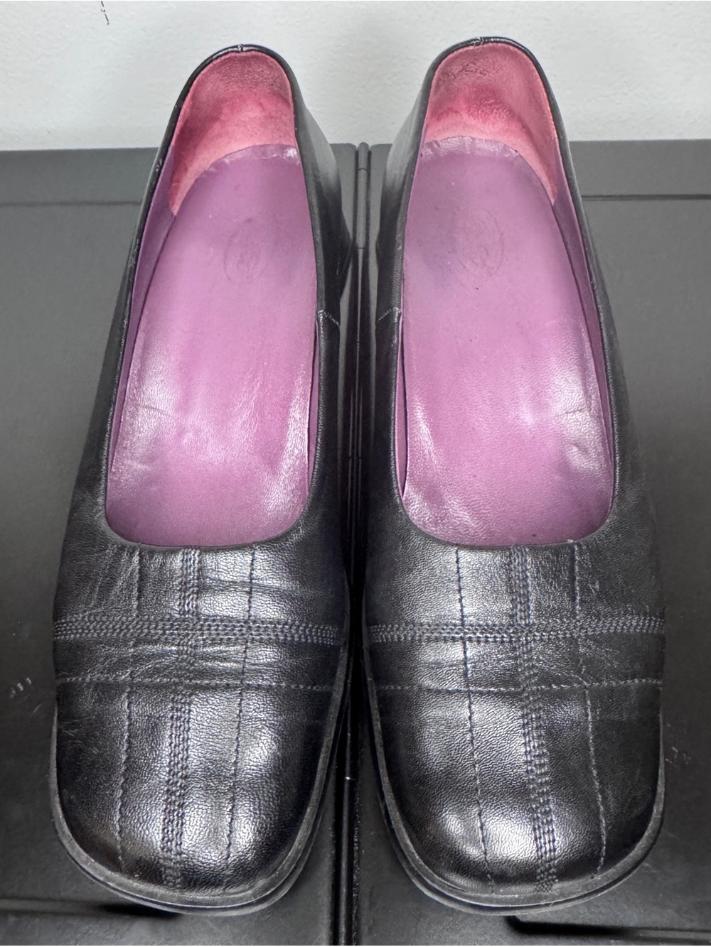 Black Leather Square-Toe Loafers with Purple Insoles Size 10